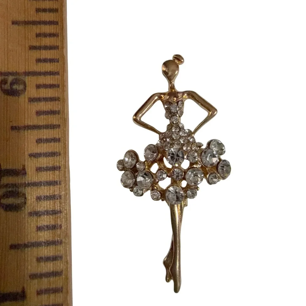 Vintage Gold Tone Ballerina Brooch Pin Rhinestone Ballet Dancer Recital Gift